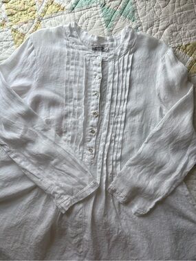 White 100% Linen Tunic Blouse Top Small Banana Blue Baggy Pintuck Button-Front